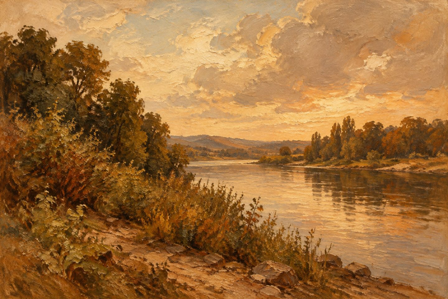 A painted riverside landscape in muted earth tones, with a broad sky, rough brushwork, and dense vegetation rendered in thick paint