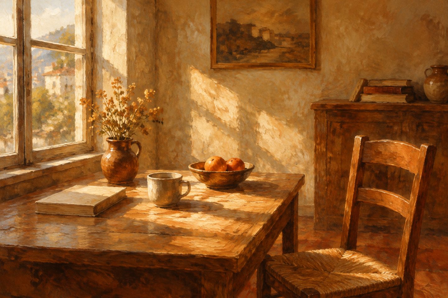 A quiet painted interior with a window on one side, soft daylight falling across a table, a chair, and a few everyday objects