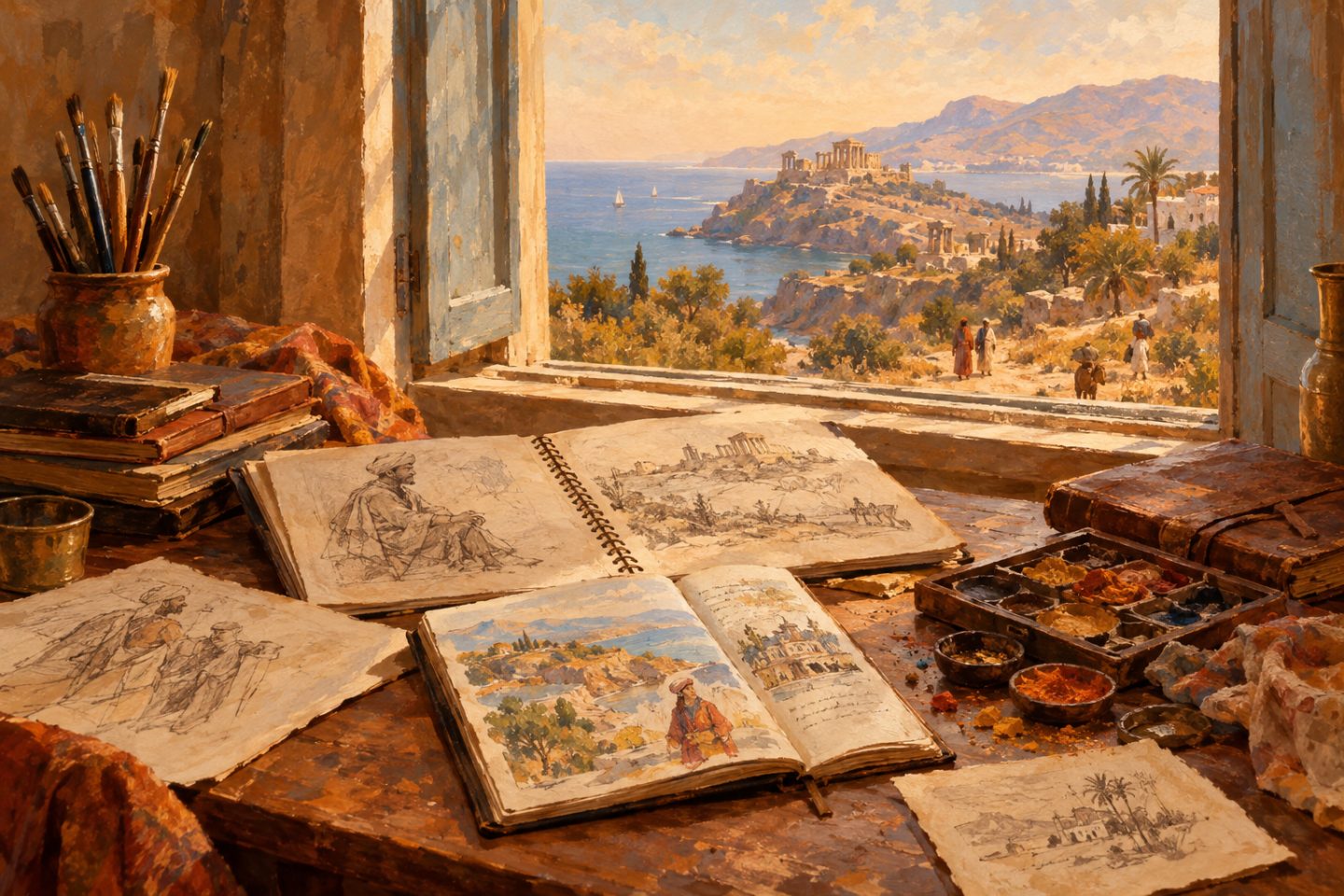 A painted scene of a 19th-century artist’s table with sketchbooks, loose drawings, a travel journal and pigments scattered beside an open window